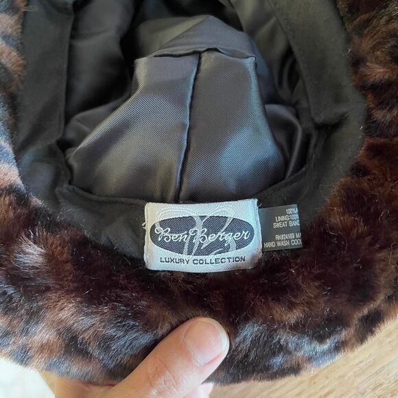 Vtg 90s Ben Berger Luxury Collection Faux Fur Leopard Print Hat Mod Cuffed Brim - Picture 6 of 8